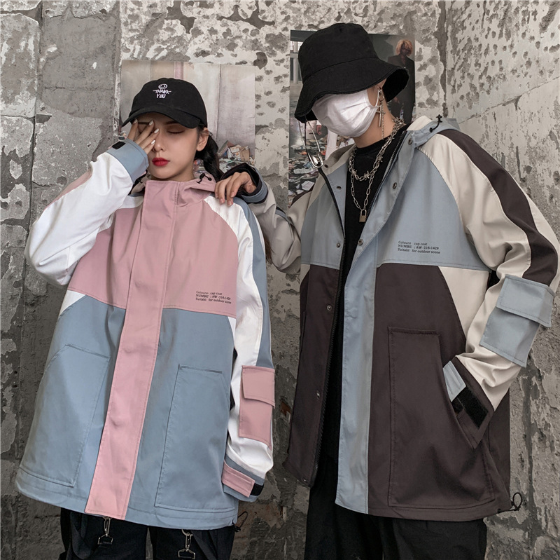 Harajuku style casual student workwear color-block baseball jacket for women 2020 autumn new style bf loose salt hooded jacket