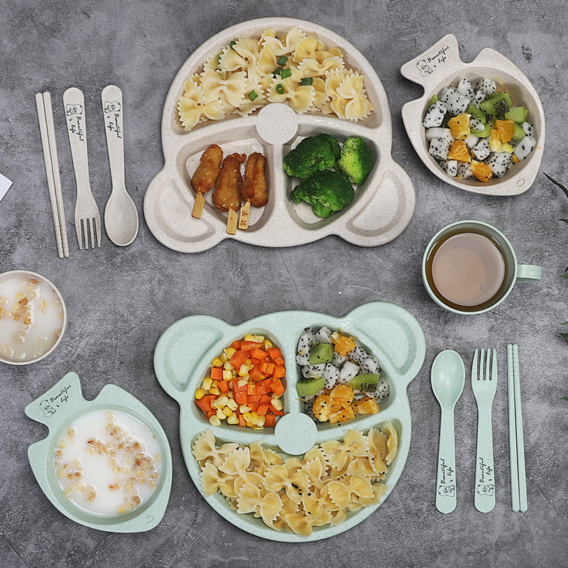 卡通可爱小熊餐盘卡通盘子小麦秸秆儿童餐具套装宝宝餐盘儿童饭盘