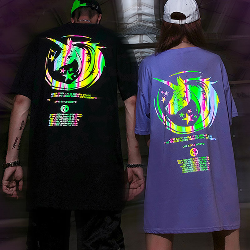 Street hiphop short-sleeved T-shirt for men, with reflective printing, fat and plus-size, a trendy base layer for both men and women Specification image