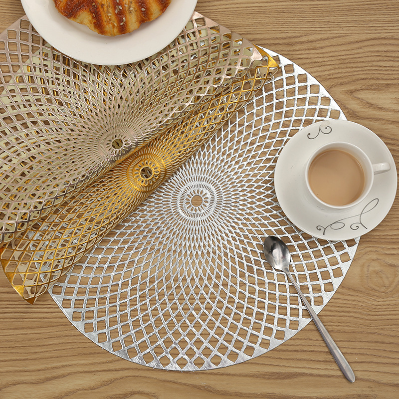 pvc woven placemats, coffee cups, heat insulation pads, restaurant decoration, hollowed-out gilded flower-shaped creative coasters, custom table MATS details Picture