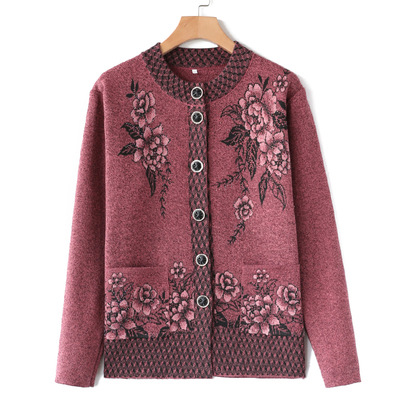 Middle-aged and elderly women's cardigans, long-sleeved sweaters, women's thickened woolen coats, autumn and winter clothes for mothers, knitted outerwear for grandmothers details Picture