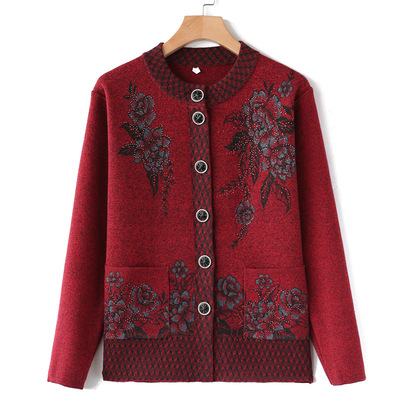 Middle-aged and elderly women's cardigans, long-sleeved sweaters, women's thickened woolen coats, autumn and winter clothes for mothers, knitted outerwear for grandmothers Specification image