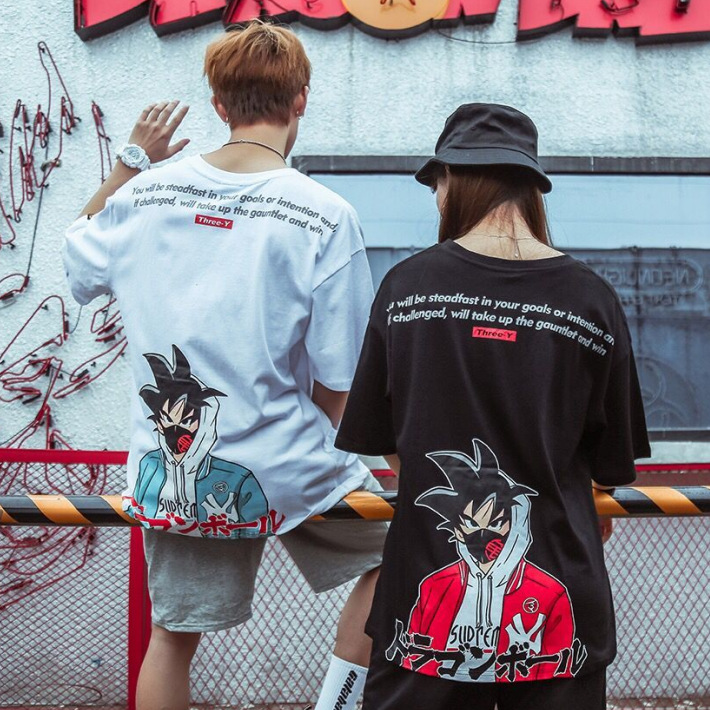 INS Summer short-sleeved T-shirt, Japanese anime Goku T-shirt, men's Chinese trend Hong Kong style loose couple hip-hop round neck T-shirt Application Scenario