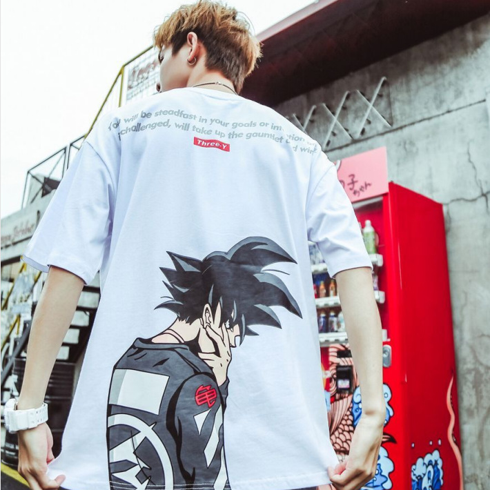 INS Summer short-sleeved T-shirt, Japanese anime Goku T-shirt, men's Chinese trend Hong Kong style loose couple hip-hop round neck T-shirt details Picture