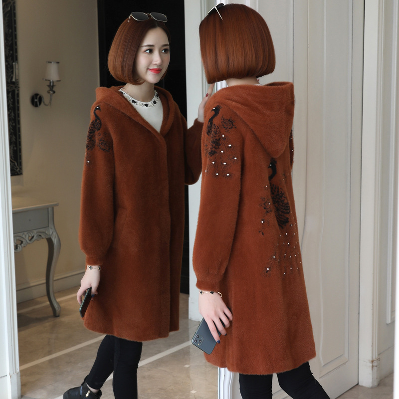 秋冬新款长款大衣女时尚高贵外套仿貂绒开衫宽松连帽绣花大衣