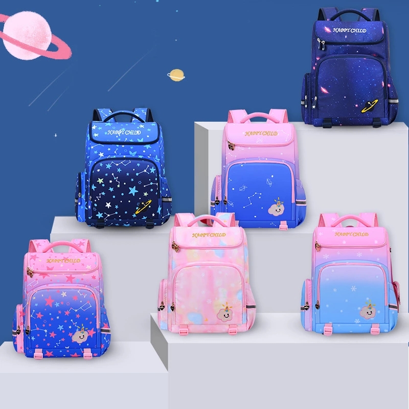 New children's schoolbag with starry sky gradient, backrest and burden reduction for primary school students, male and female 1-3-6 grade backpacks full figure