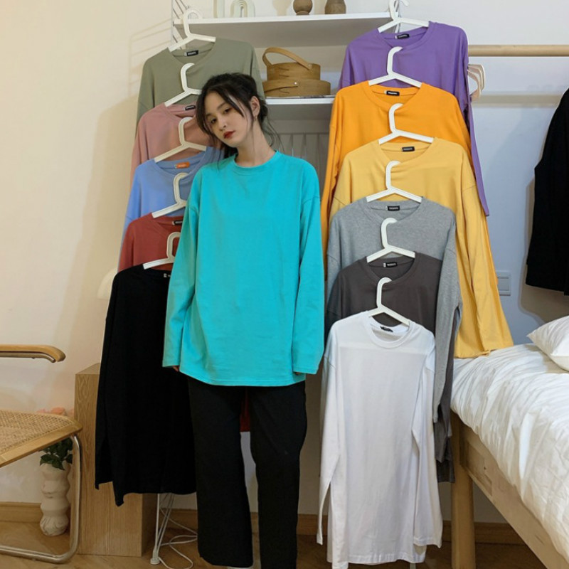 Early autumn Korean style versatile solid color long-sleeved T-shirt for women, loose and casual, student slimming, with a base layer and couple's top