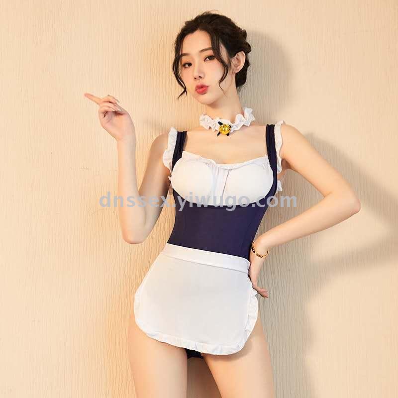 深蓝色 吊带女仆装 深V 背部镂空 缎面雪纺 性感女士家居服
