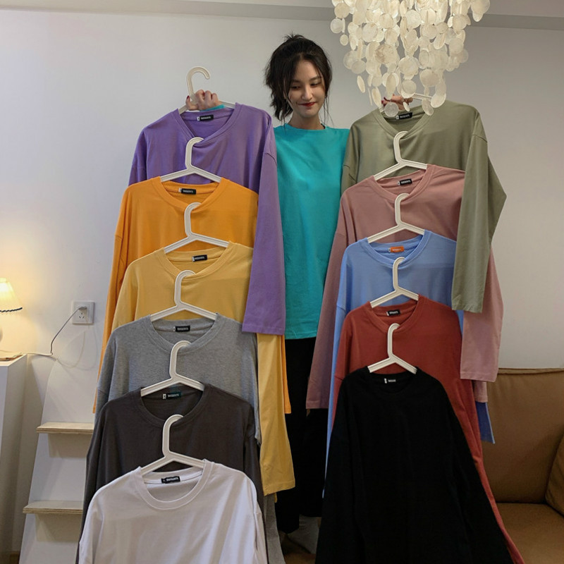 Early autumn Korean style versatile solid color long-sleeved T-shirt for women, loose and casual, student slimming, with a base layer and couple's top Specification image
