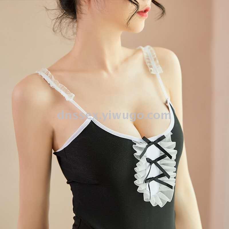 Traditional black and white color halter, deep V backless, sexy maid dress, satin chiffon women's home wear Application Scenario