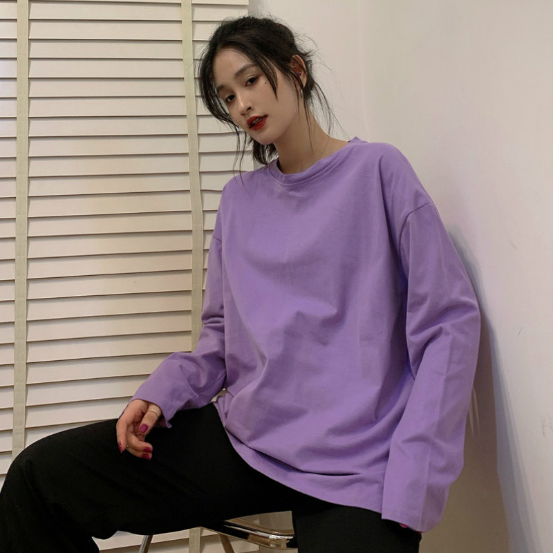 Early autumn Korean style versatile solid color long-sleeved T-shirt for women, loose and casual, student slimming, with a base layer and couple's top Item Picture