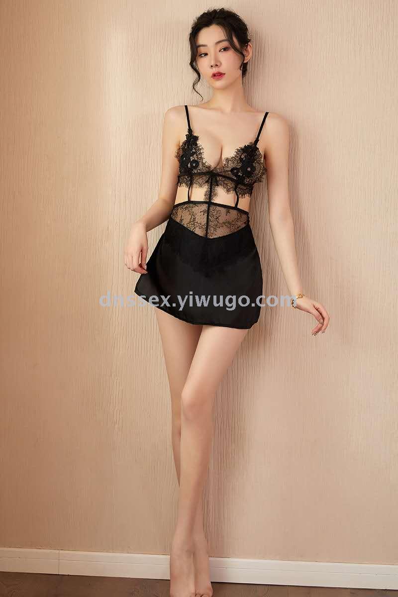Sexy halter chiffon see-through lace fringed women's home dress, deep V backless sexy home sleeping dress details Picture