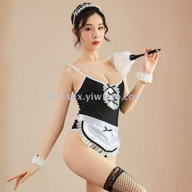 Traditional black and white color halter, deep V backless, sexy maid dress, satin chiffon women's home wear Item Picture