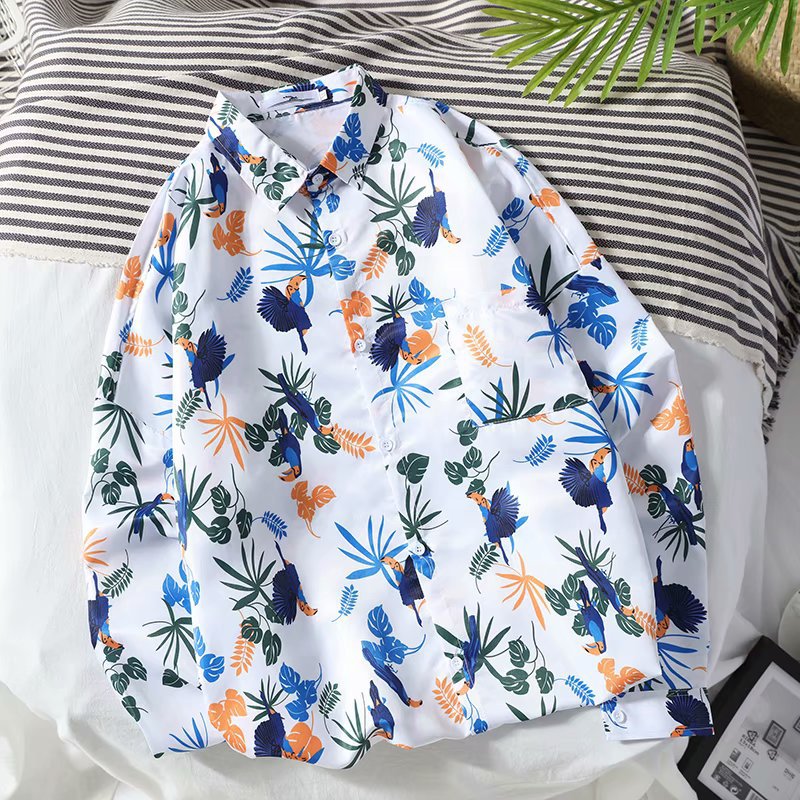 Spring and summer casual floral shirts, men's long-sleeved, thin and loose jackets, Korean-style trendy brand Hawaiian beach shirts Specification image