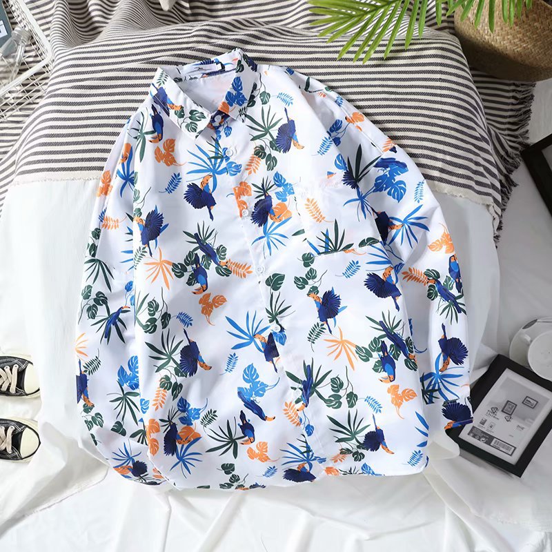 Spring and summer casual floral shirts, men's long-sleeved, thin and loose jackets, Korean-style trendy brand Hawaiian beach shirts Item Picture