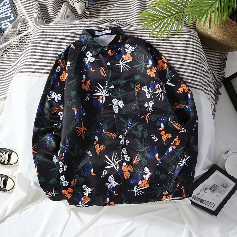 Spring and summer casual floral shirts, men's long-sleeved, thin and loose jackets, Korean-style trendy brand Hawaiian beach shirts details Picture