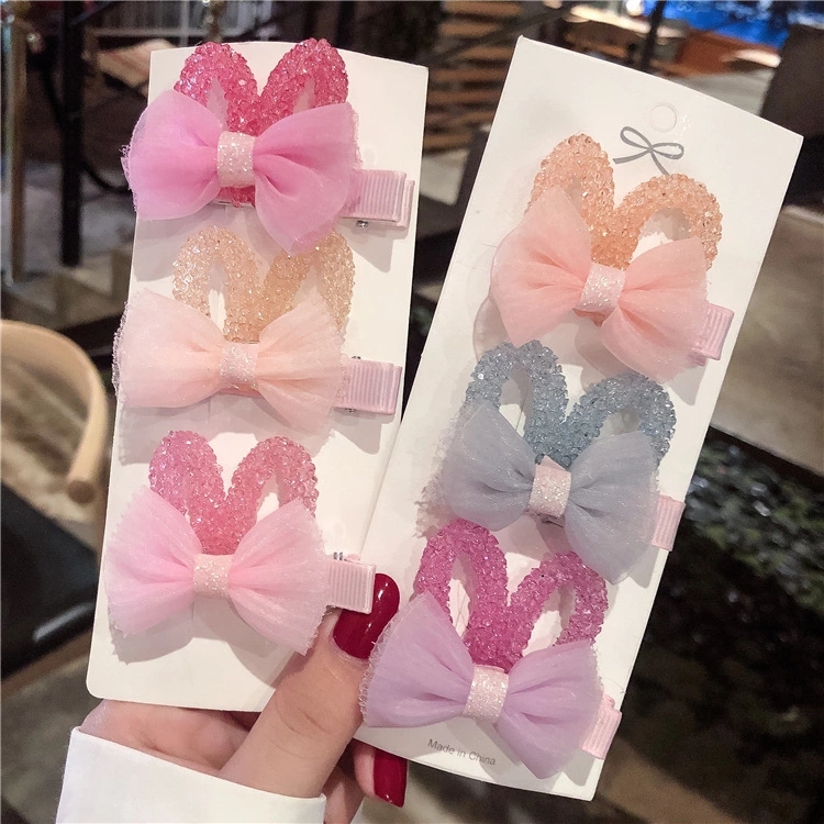 The new cute style of the ins rabbit-ear rhinestone hair clip and the girlish bow side clip headwear full figure
