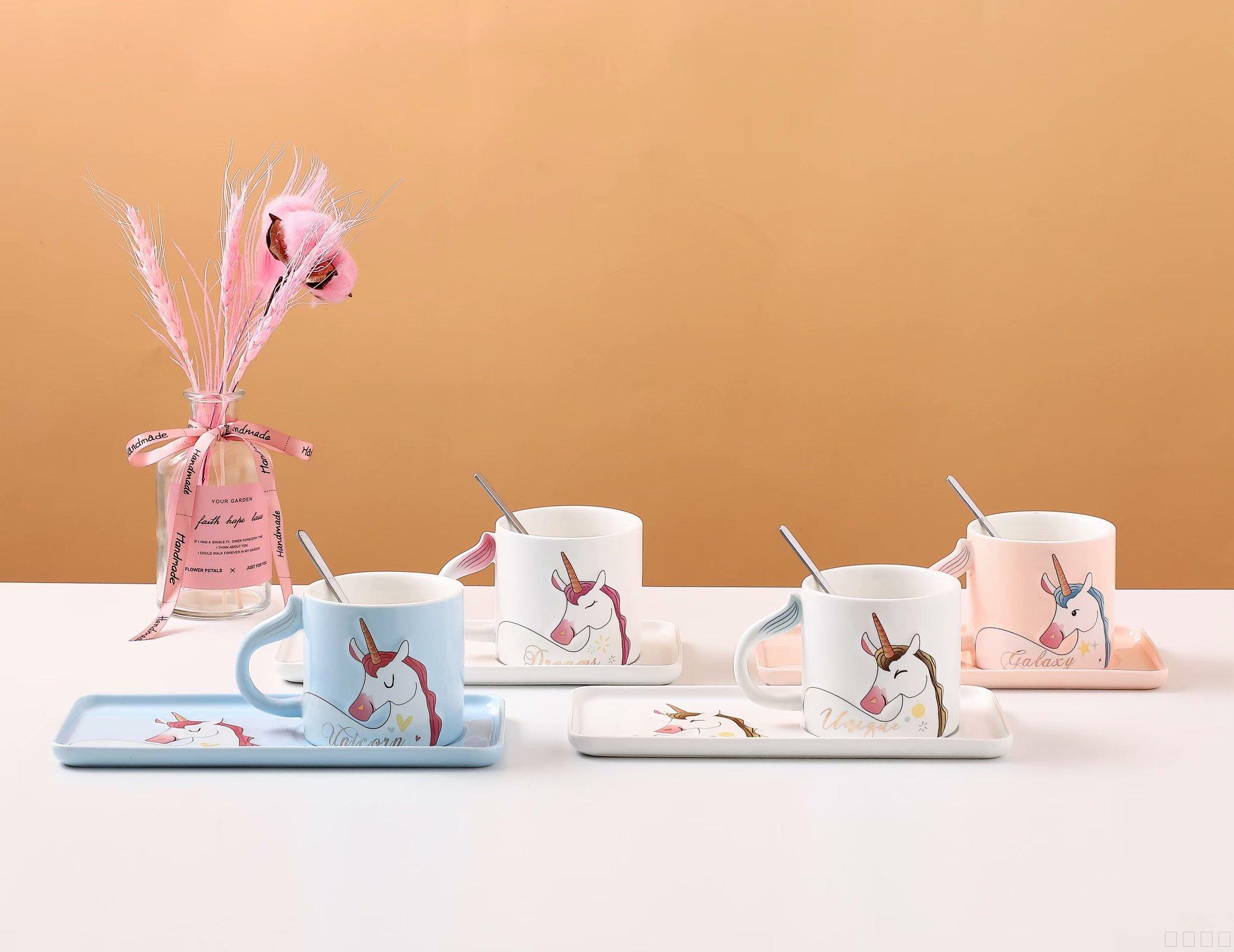 Unicorn relief ceramic breakfast cup and saucer with long tray ceramic cup