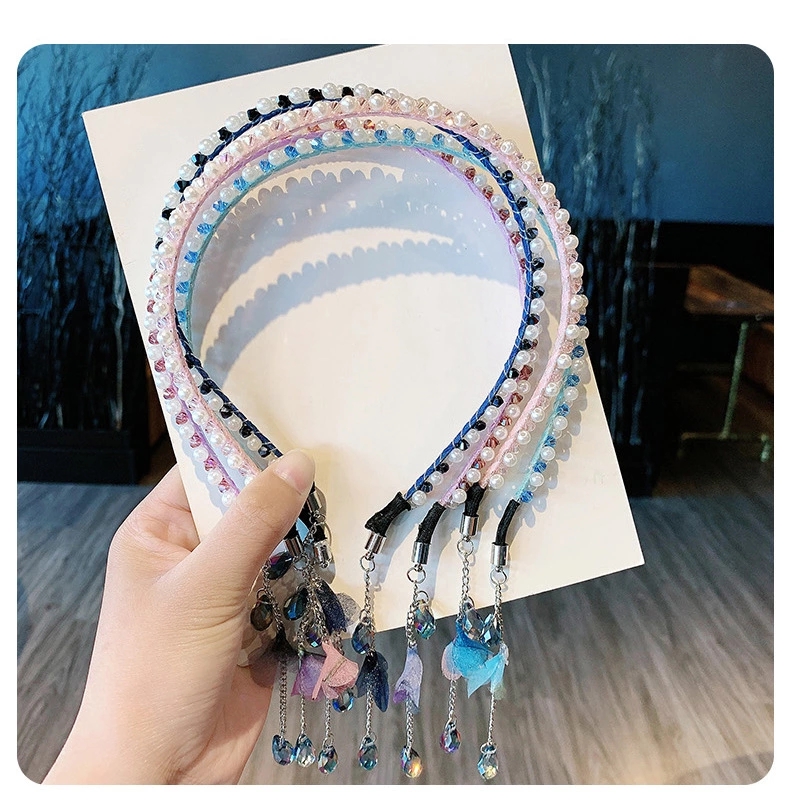 New Korean pearl headband, fake earrings, pressure hairpin headwear, girlish heart water diamond tassel headband, fairy hair accessory details Picture