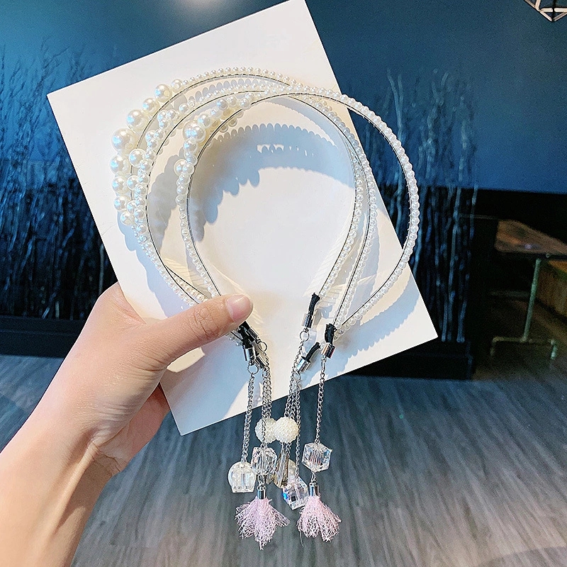 New Korean pearl headband, fake earrings, pressure hairpin headwear, girlish heart water diamond tassel headband, fairy hair accessory Specification drawing