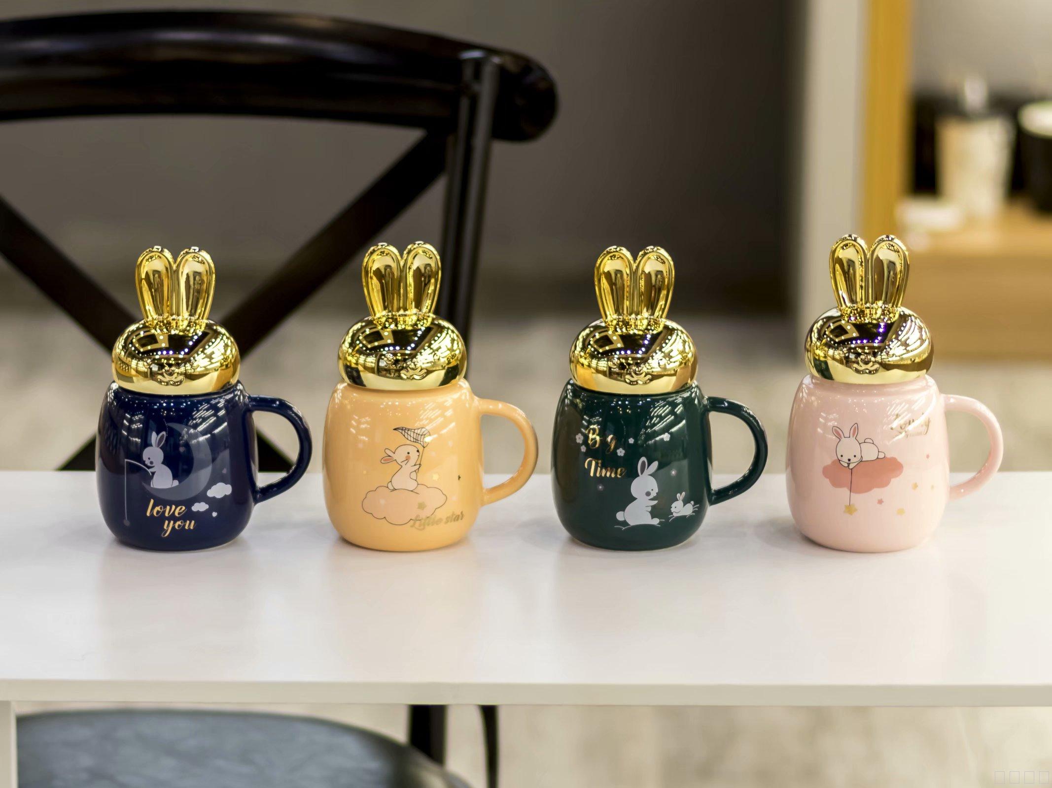 Gold rabbit ear cover color glaze ceramic cup cute rabbit mug seal cover water cup thumbnail