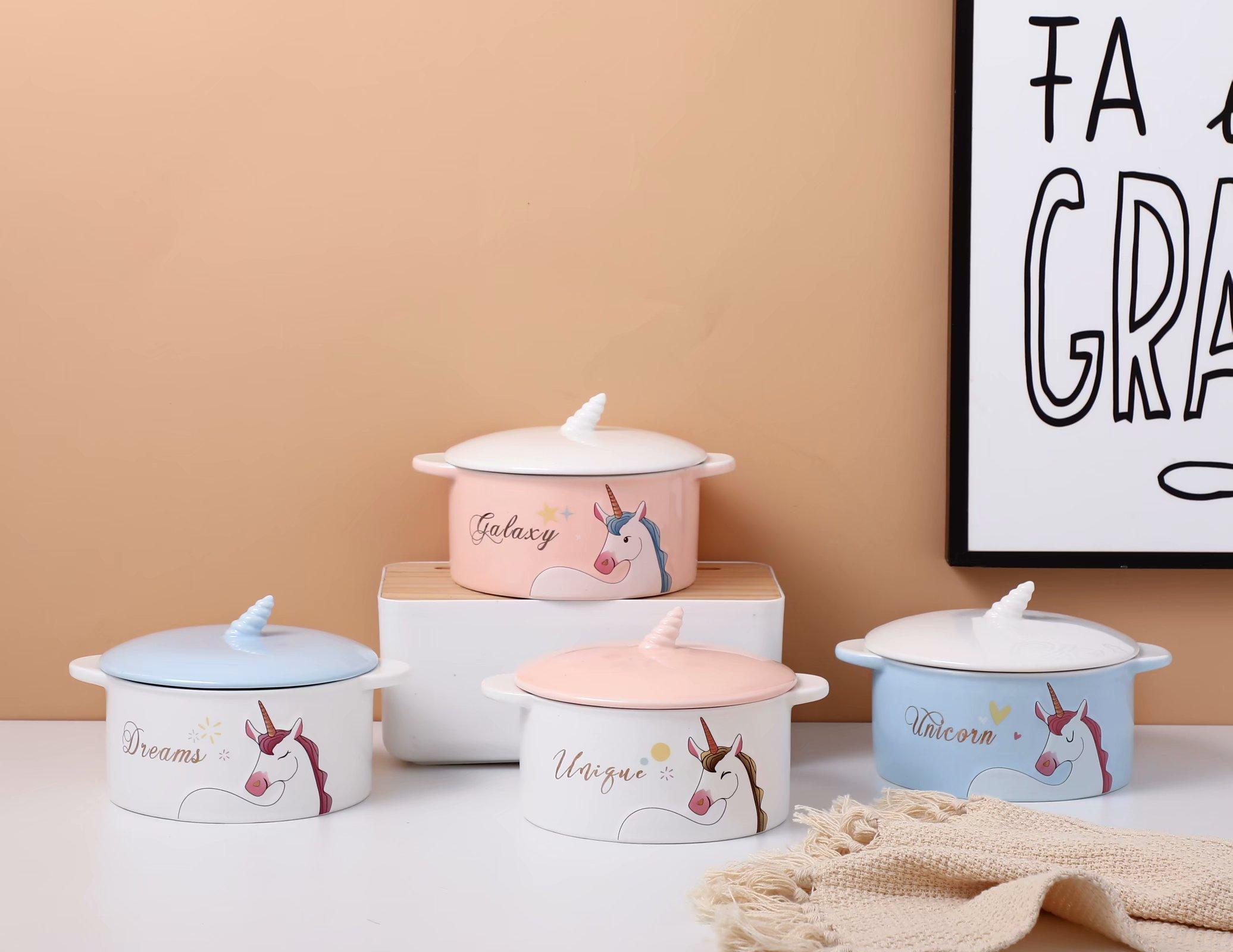 Unicorn ceramic bowl relief glaze ceramic salad bowl can be equipped with ceramic cover and glass cover thumbnail