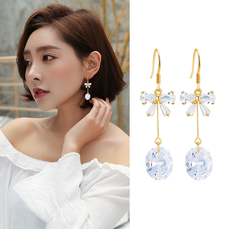 曼休妮长款锆石耳环小领结耳坠显瘦脸耳饰品厂家直销批发耳钉925耳环