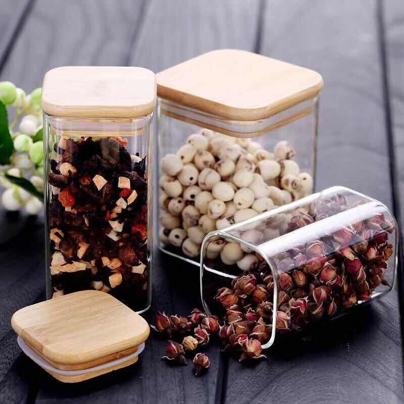 Hot sell square bamboo cover high borosilicate sealed tank storage tank storage bottle sealing bottle