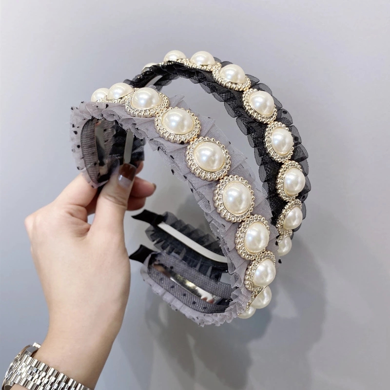 Dongdaemun Hair accessories from South Korea, with a fairy-like charm, a large pearl hair band with mesh and a women's polka dot pleated fine edge headband Specification drawing