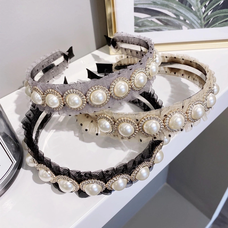 Dongdaemun Hair accessories from South Korea, with a fairy-like charm, a large pearl hair band with mesh and a women's polka dot pleated fine edge headband details Picture
