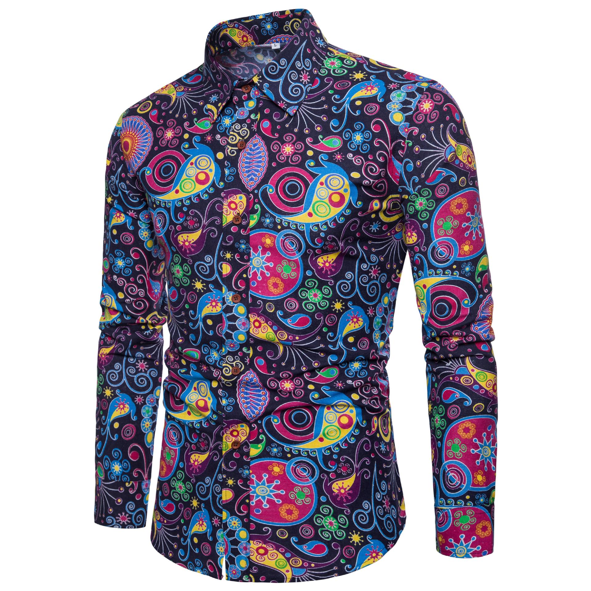 In stock all year round. The 2019 new men's trendy patterned long-sleeved shirts for foreign trade are fashionable and casual. The club's floral shirts are selling well details Picture