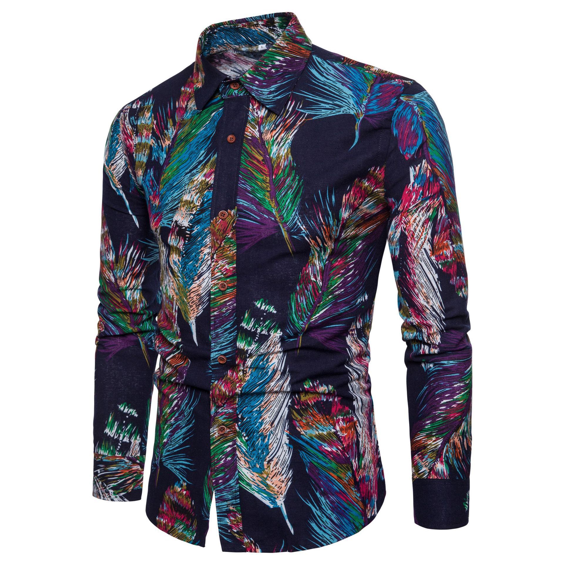 In stock all year round. The 2019 new men's trendy patterned long-sleeved shirts for foreign trade are fashionable and casual. The club's floral shirts are selling well Specification image