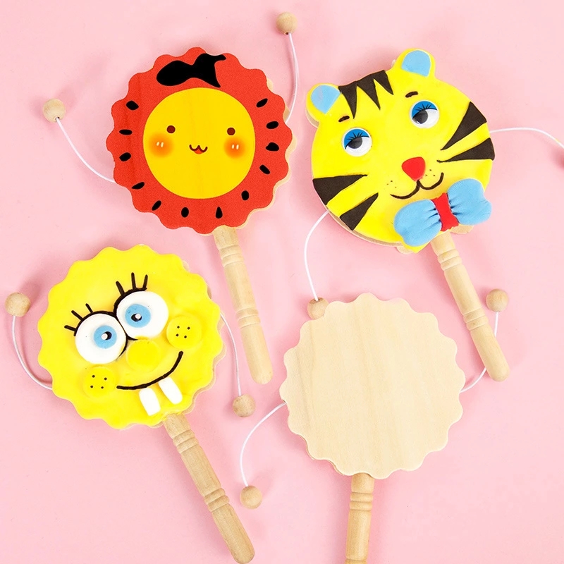 Wooden rattle drum, white body, children's hand-painted toys, DIY creative art for kindergartens, graffiti painting details Picture