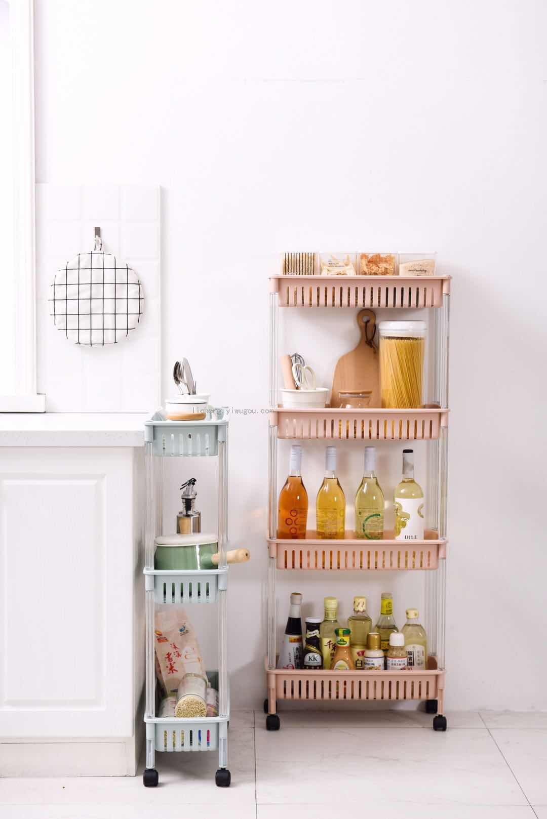 35823 New Model bathroom storage rack with plastic wheels and three layers details Picture