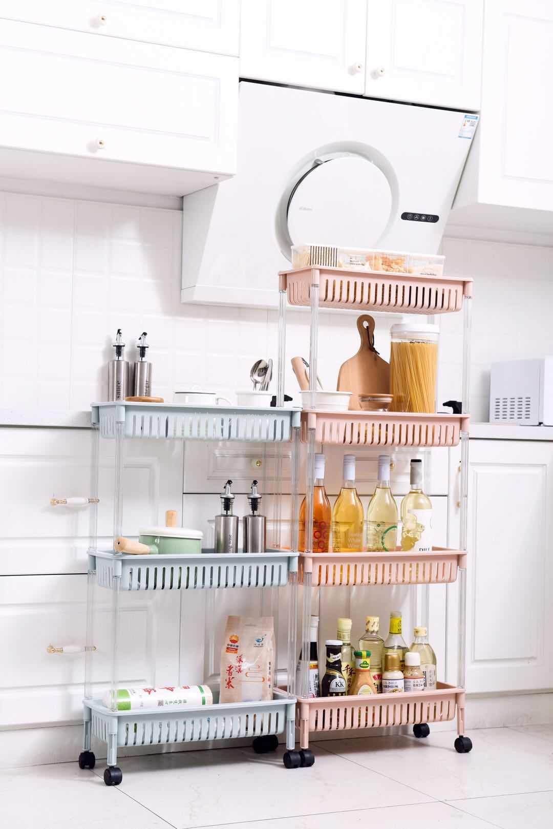 35823 New Model bathroom storage rack with plastic wheels and three layers