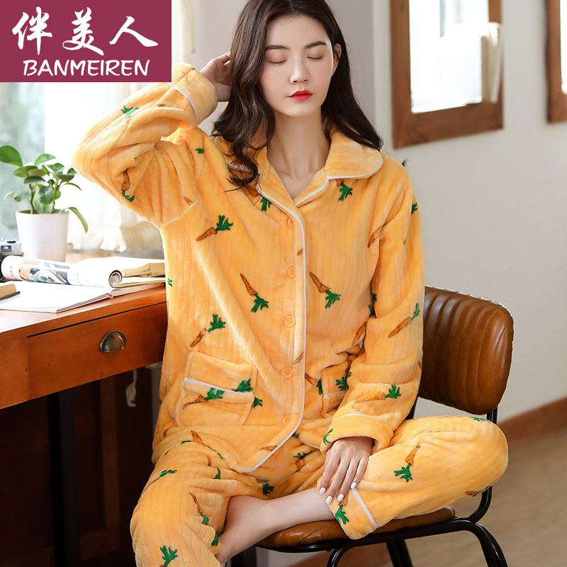 法兰绒睡衣女士秋冬新款珊瑚绒套装卡通印花睡衣可爱女士家居服