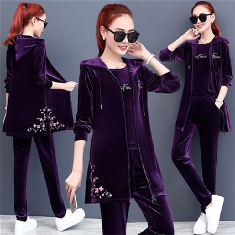 Velvet sportswear set for women 2019 Autumn New loose long hooded sweatshirt three-piece set, trendy large size Spring and autumn Application Scenario