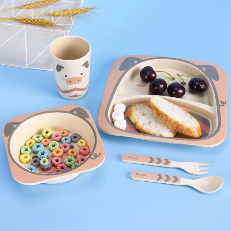 Bamboo fiber children's tableware set, creative cartoon bowls, compartments, plates, spoons, forks and cups, five-piece gift tableware details Picture