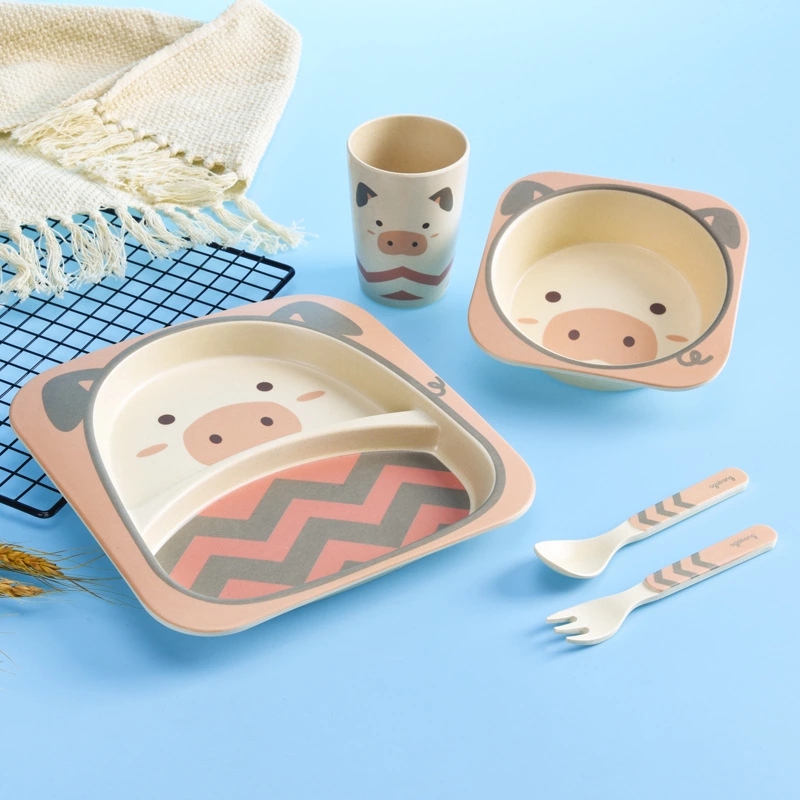 Bamboo fiber children's tableware set, creative cartoon bowls, compartments, plates, spoons, forks and cups, five-piece gift tableware Item Picture
