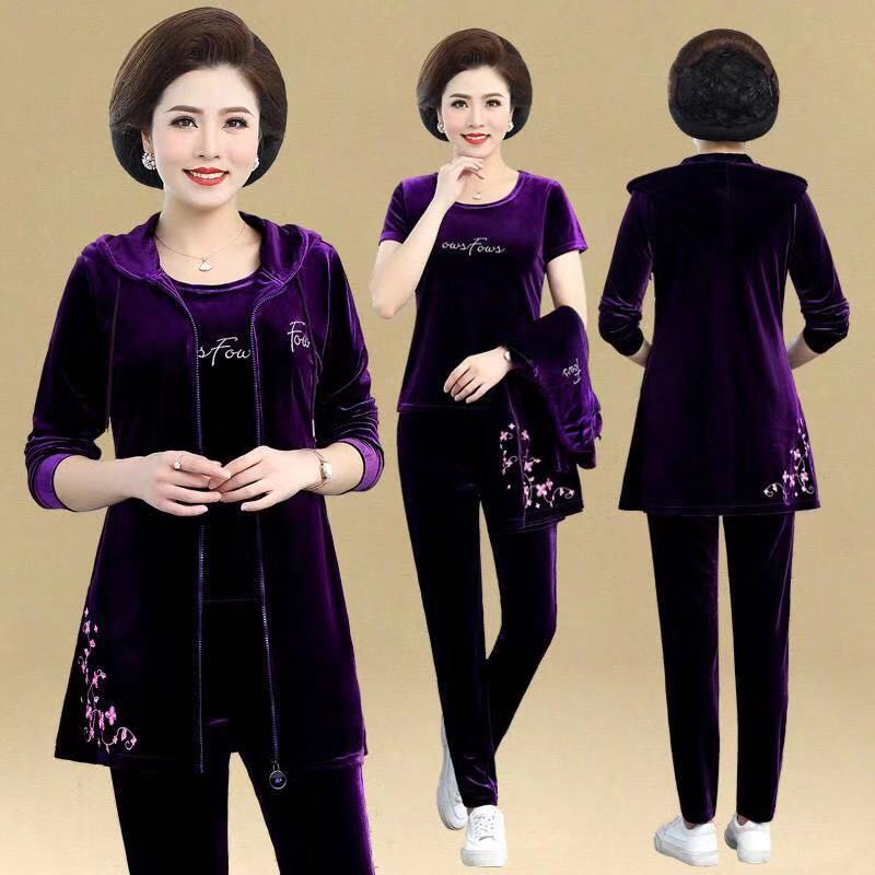 Middle-aged casual set for women in autumn, stylish, long velvet coat for middle-aged and elderly people, and a three-piece set for moms