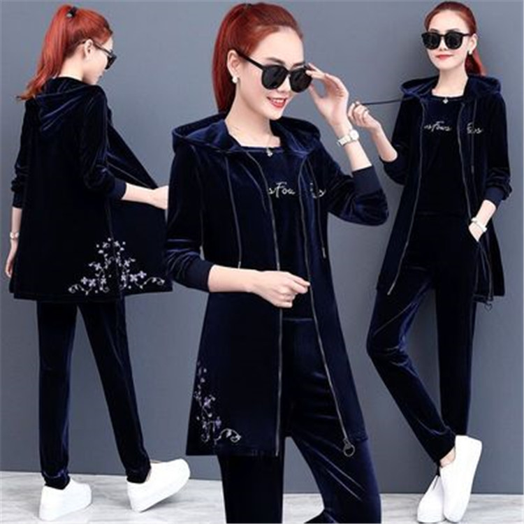 Velvet sportswear set for women 2019 Autumn New loose long hooded sweatshirt three-piece set, trendy large size Spring and autumn