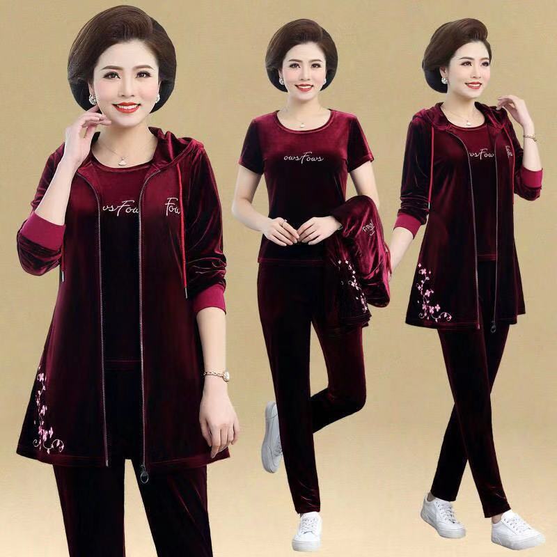 Middle-aged casual set for women in autumn, stylish, long velvet coat for middle-aged and elderly people, and a three-piece set for moms details Picture