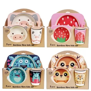 Bamboo fiber children's tableware set, creative cartoon bowls, compartments, plates, spoons, forks and cups, five-piece gift tableware full figure