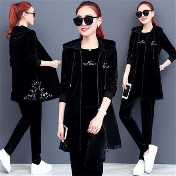 Velvet sportswear set for women 2019 Autumn New loose long hooded sweatshirt three-piece set, trendy large size Spring and autumn details Picture