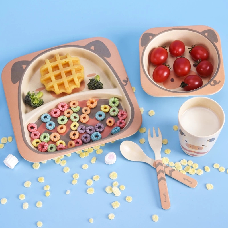 Bamboo fiber children's tableware set, creative cartoon bowls, compartments, plates, spoons, forks and cups, five-piece gift tableware Specification drawing
