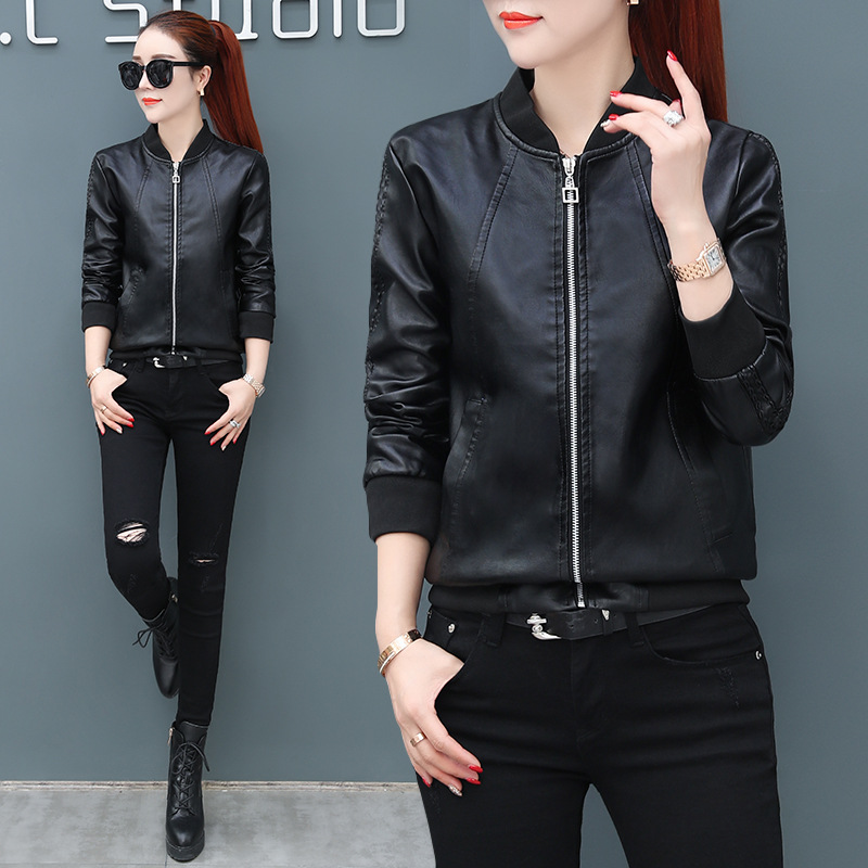 New autumn and winter leather jackets for women, short PU leather jackets with added fleece and thickening, large-sized slim-fit motorcycle suits, and casual small jackets