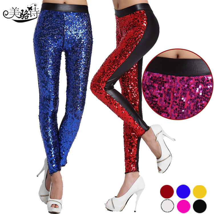 European and American women's clothing spring new high-waisted faux leather patchwork leather pants, fashionable high-elasticity large-sized sequined small-leg leggings