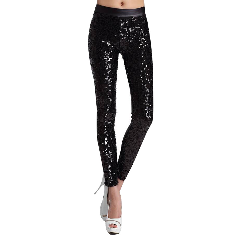 European and American women's clothing spring new high-waisted faux leather patchwork leather pants, fashionable high-elasticity large-sized sequined small-leg leggings Application Scenario