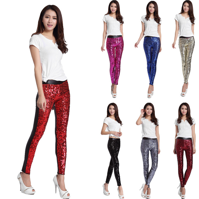 European and American women's clothing spring new high-waisted faux leather patchwork leather pants, fashionable high-elasticity large-sized sequined small-leg leggings Specification image