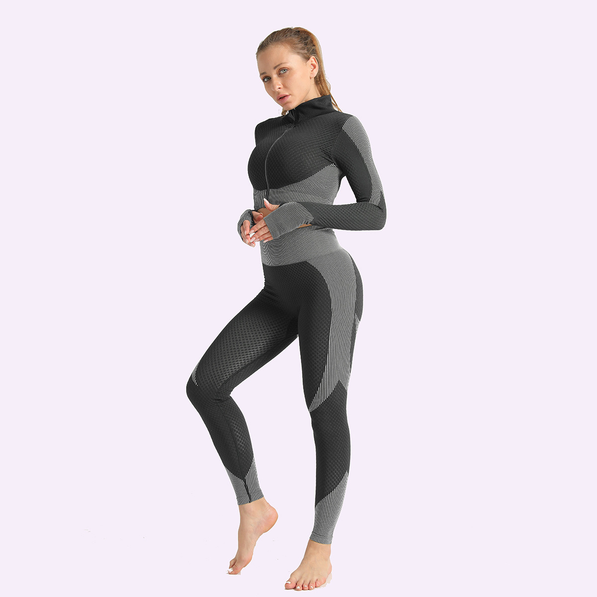 Cross-border European and American jacquard seamless zipper yoga wear set, women's knitted hip-lifting elastic fitness pants, sports yoga wear details Picture
